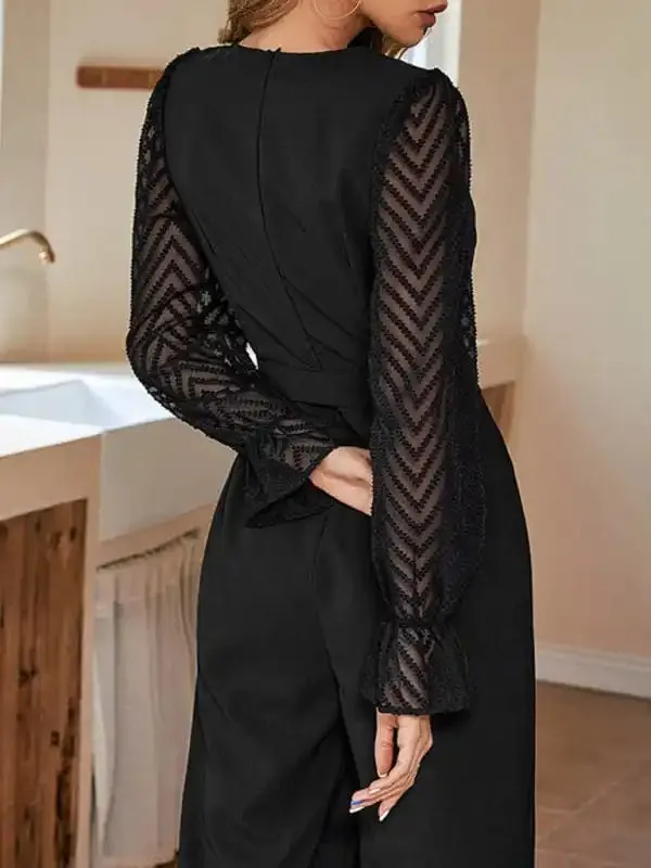 Women’s Black Stitching See-Through Slim Elegant Jumpsuit