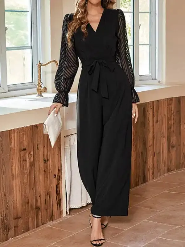 Women’s Black Stitching See-Through Slim Elegant Jumpsuit