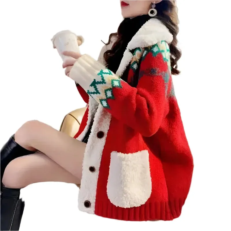 Women's Red Fleece Christmas Cardigan - Thickened Knitted Sweater, Loose Fit Plush Coat, Autumn Winter Knitwear