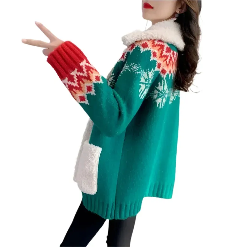 Women's Red Fleece Christmas Cardigan - Thickened Knitted Sweater, Loose Fit Plush Coat, Autumn Winter Knitwear