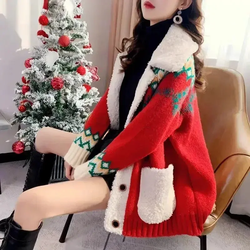 Women's Red Fleece Christmas Cardigan - Thickened Knitted Sweater, Loose Fit Plush Coat, Autumn Winter Knitwear