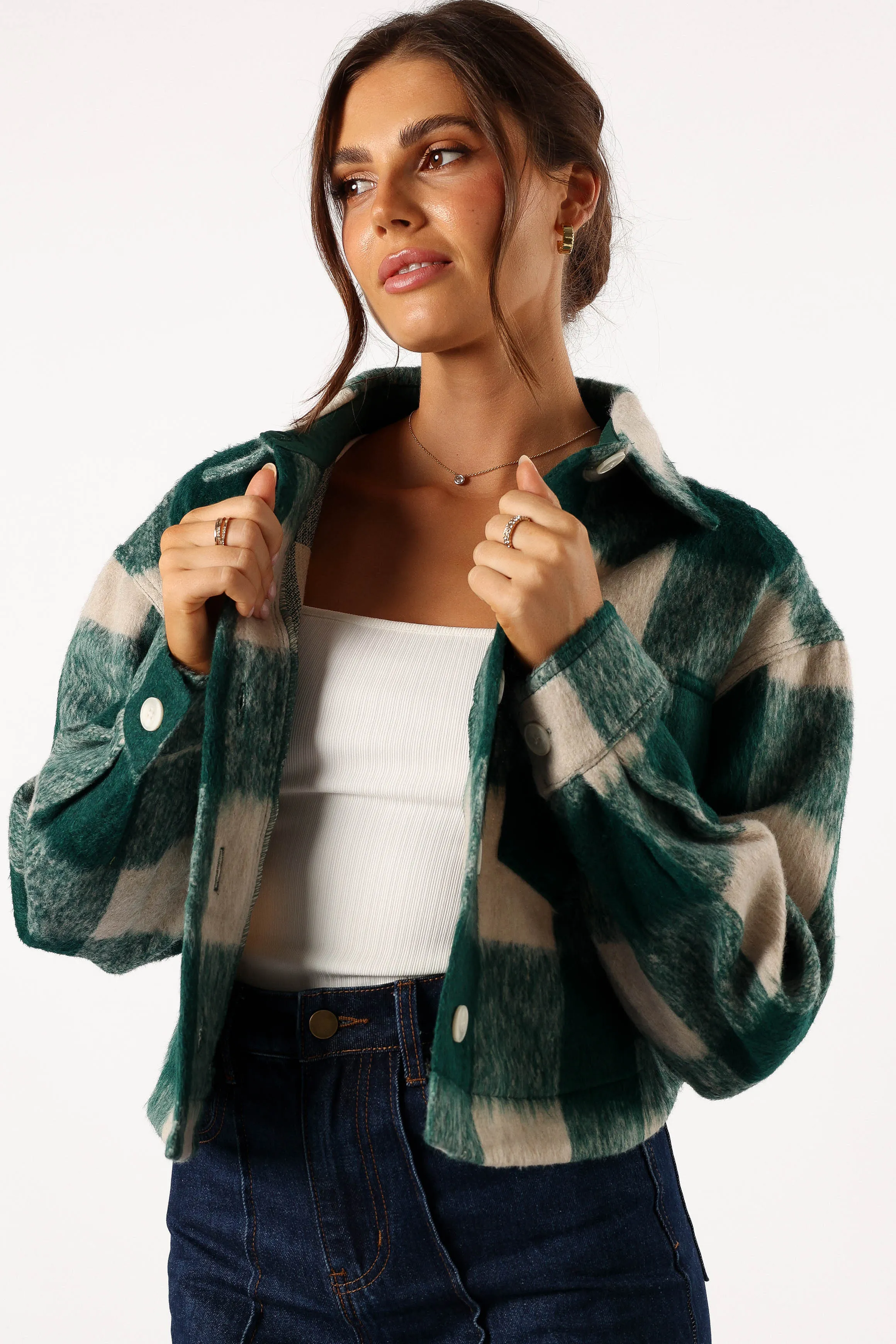 Yara Plaid Sherpa Jacket - Hunter Green