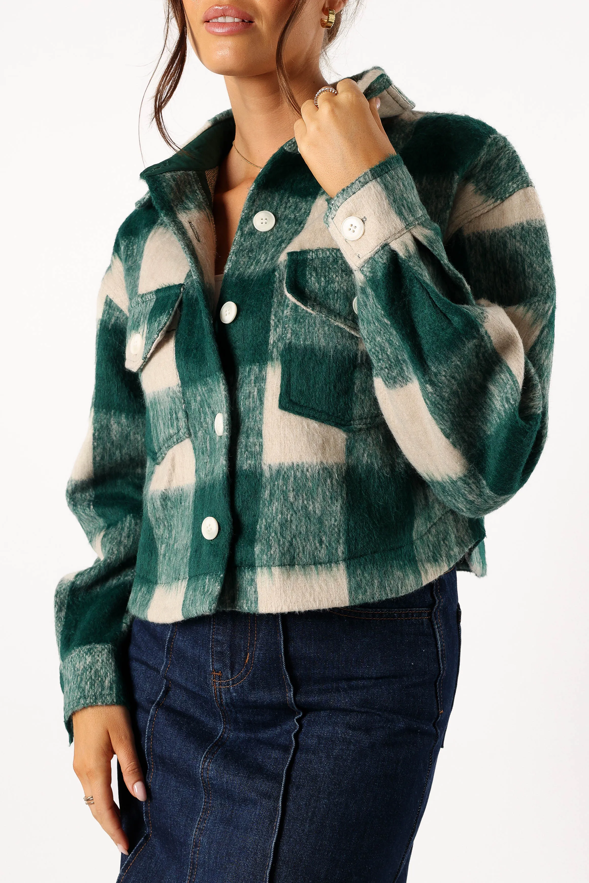 Yara Plaid Sherpa Jacket - Hunter Green