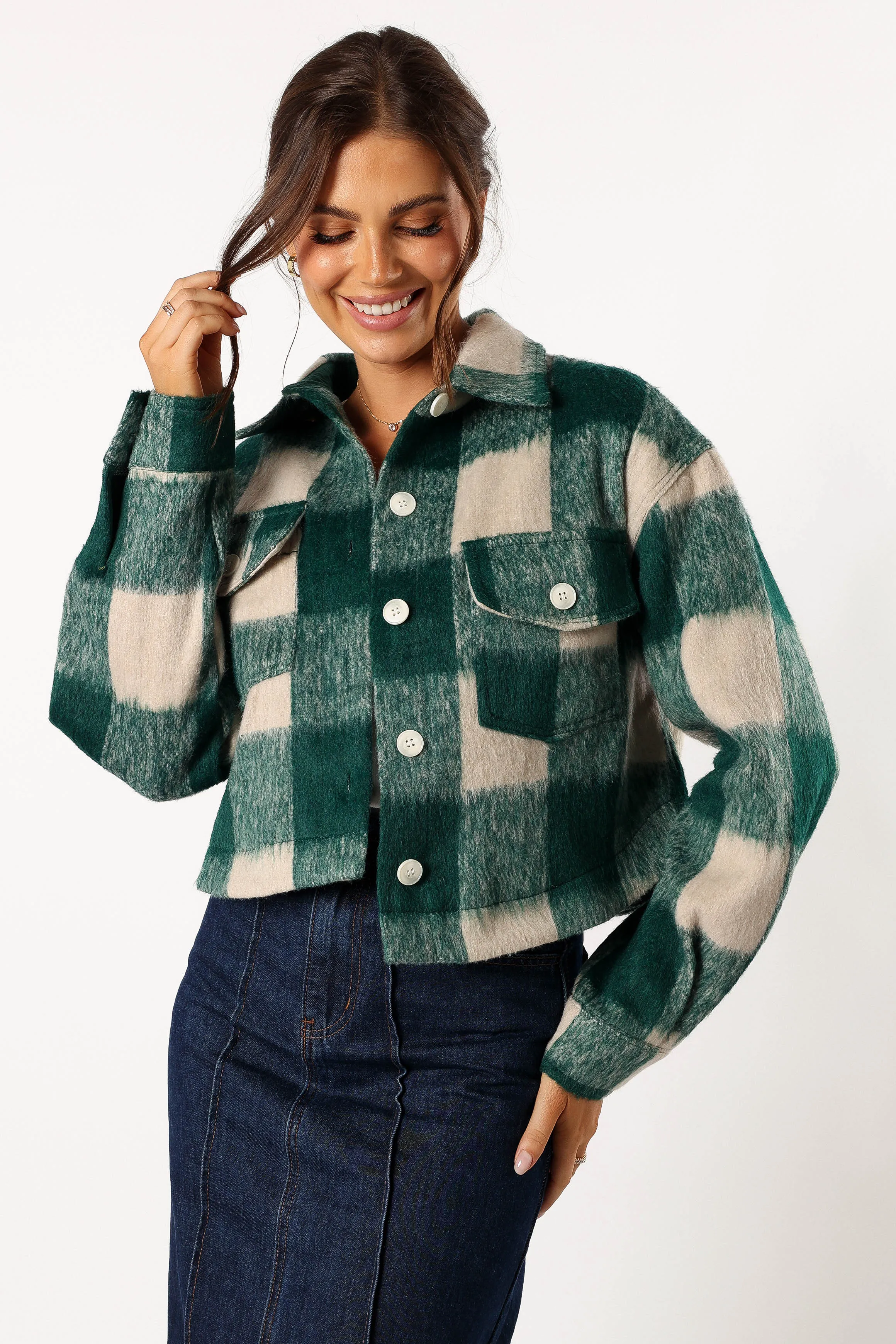 Yara Plaid Sherpa Jacket - Hunter Green