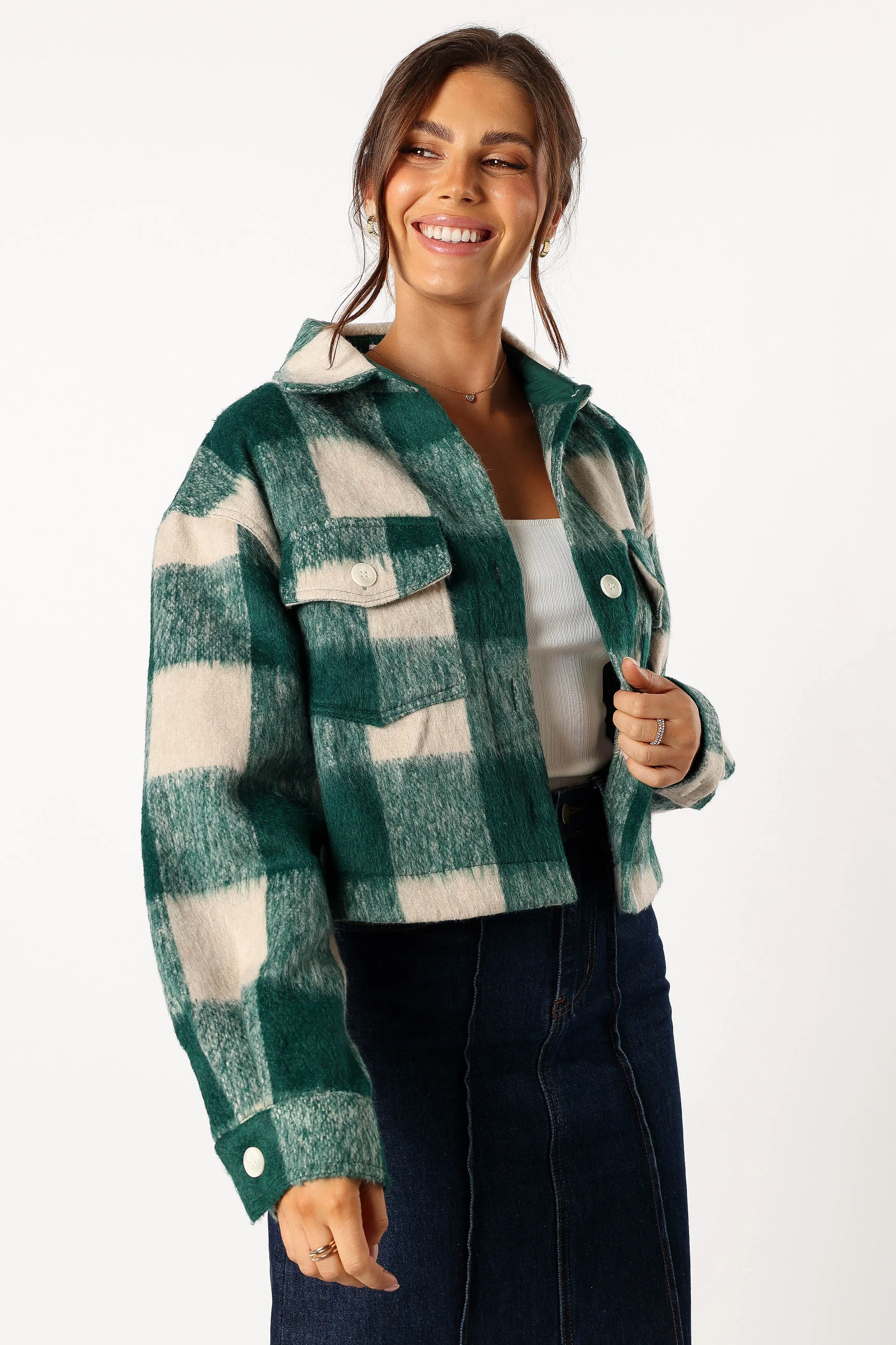 Yara Plaid Sherpa Jacket - Hunter Green